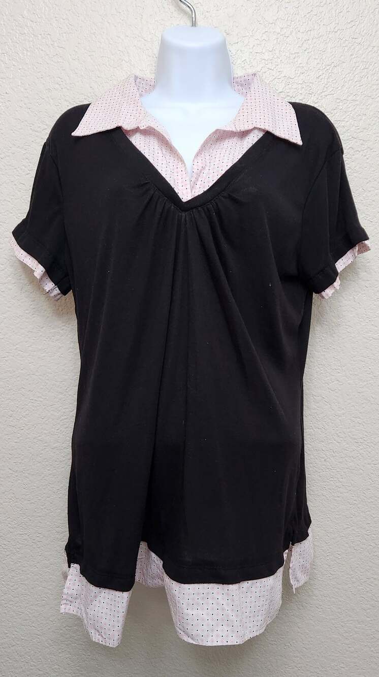 Paris Blues Black Pink Polka Dot Layered Collard Top 1X Plus Lightweight Pleated